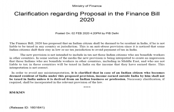 Clarification regarding provision on tax residency of NRIs in Finance Bill 2020