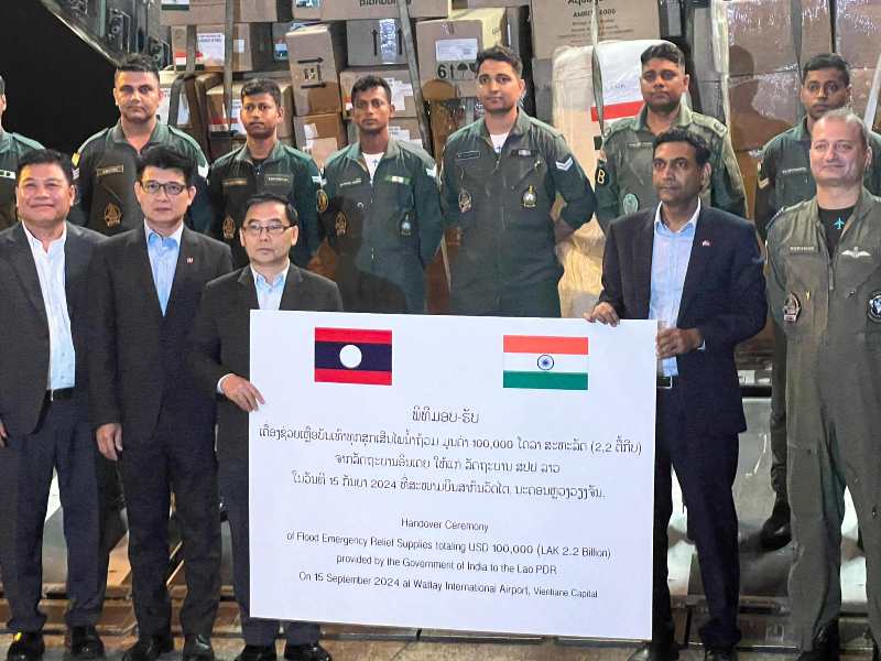 As part of #OperationSadbhav, 10 tonnes of relief supplies anded over by Ambassador Prashant Agrawal to Lao Vice Minister for Labour and Social Welfare