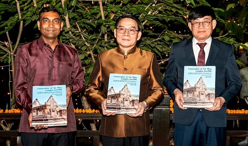 H.E. Mr. Vilayvong Bouddakham, Minister of Home Affairs, H.E. Assoc. Prof. Phout Simmalavong, Ministry of Education and Sports, and Ambassador Prashant Agrawal launched a special publication highlighting 15 years of restoration and conservation work undertaken by Archaeological Survey of India at Vat Phou, UNESCO World Heritage Site